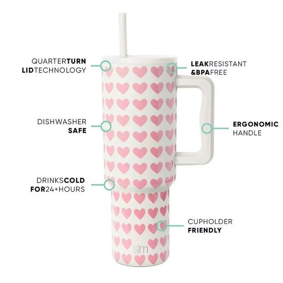 Simple Modern 40 oz Trek Tumbler Pink Hearts On White - Picture 2 of 7